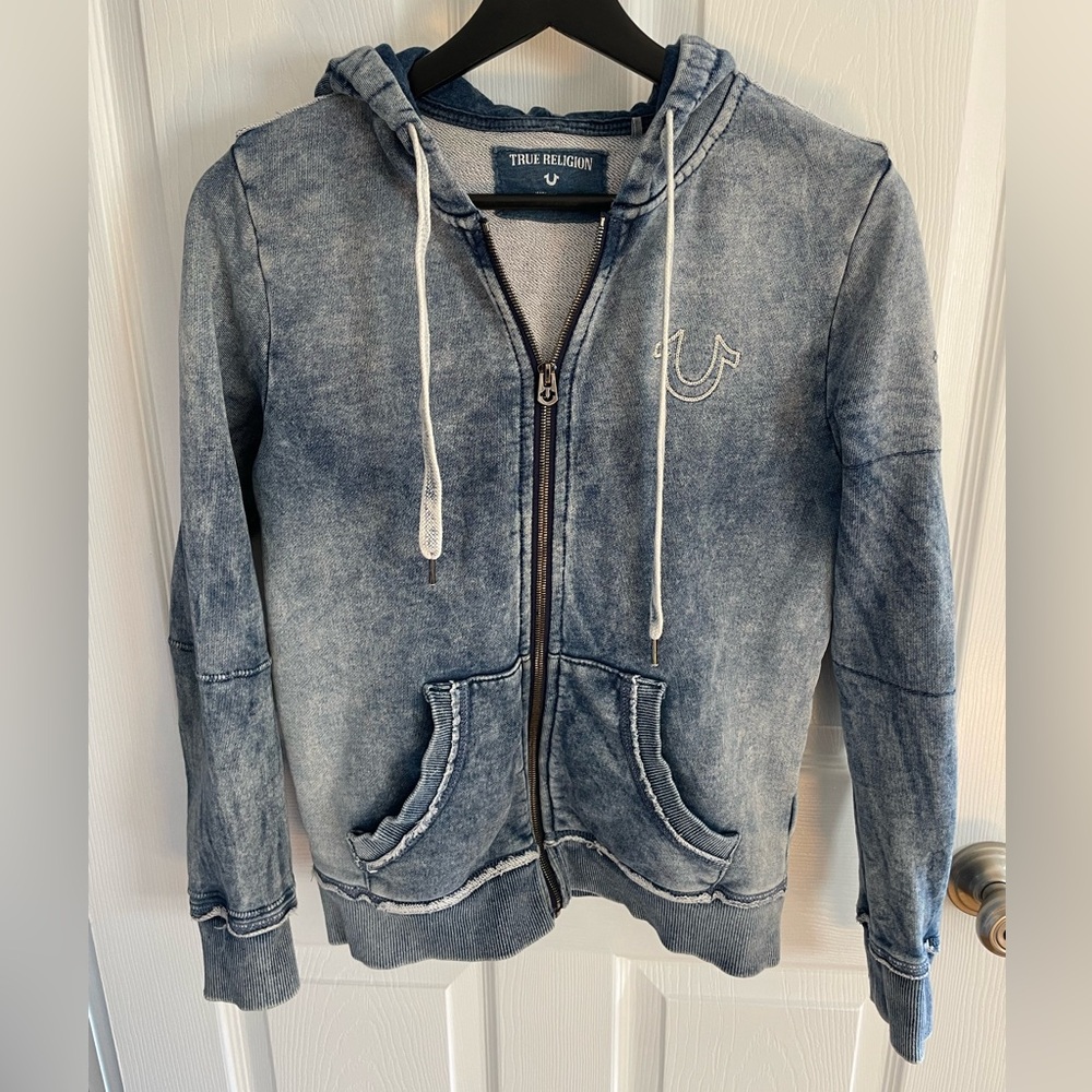 True Religion Distressed Denim Blue Jacket Size XS